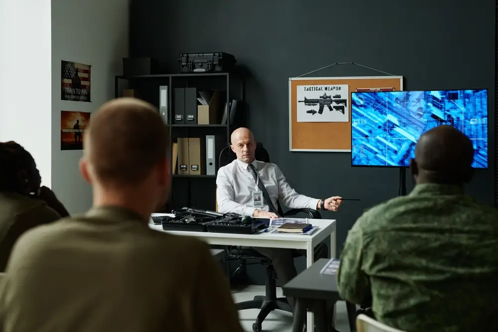 Briefing opérationnel de gendarmes avec un instructeur devant un écran tactique pour préparer une mission du PSIG.