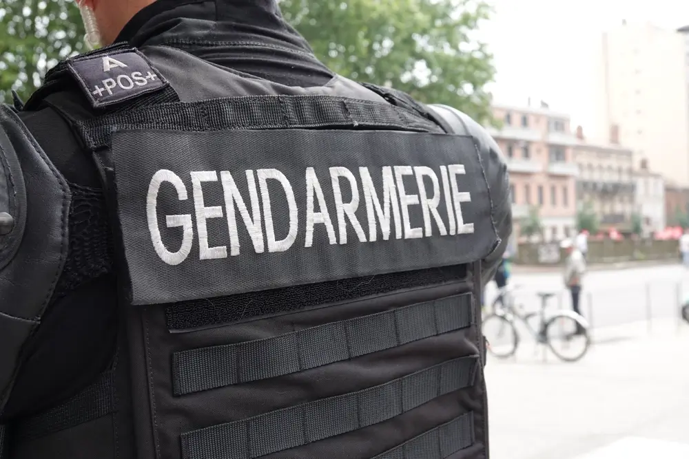 Gendarme de dos en patrouille de terrain en zone périurbaine, portant un gilet tactique marqué Gendarmerie.